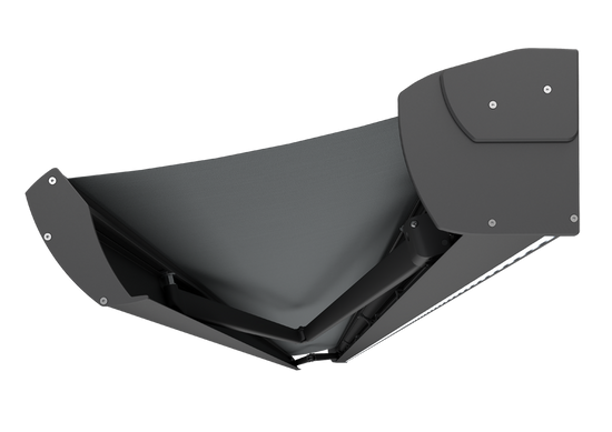 Terrassmarkis med grå markisväv samt mörkgrå antracitfärgad FSM71319 konstruktion, armar och kassett. Infälld led-belysning i kassetten. Markismodell Corsica. Premium markis