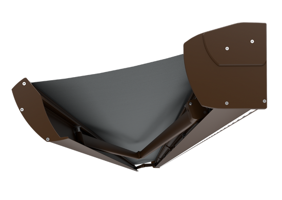 Terrassmarkis med grå markisväv samt rostbrun RAL8014 färgad konstruktion, armar och kassett. Infälld led-belysning i kassetten. Markismodell Corsica. Premium markis