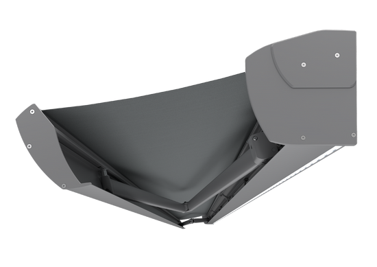 Terrassmarkis med grå markisväv samt grå/silver RAL9006 färgad konstruktion, armar och kassett. Infälld led-belysning i kassetten. Markismodell Corsica. Premium markis