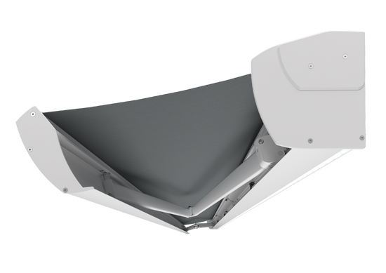 Terrassmarkis med grå markisväv samt vit RAL9010 färgad konstruktion, armar och kassett. Infälld led-belysning i kassetten. Markismodell Corsica. Premium markis