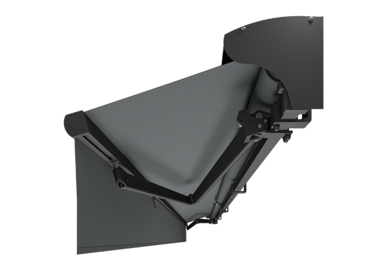 Terrassmarkis med gråmarkisväv samt mörkgrå antracitfärgad konstruktion, armar och kassett. Markismodell Jamaica. Premium markis