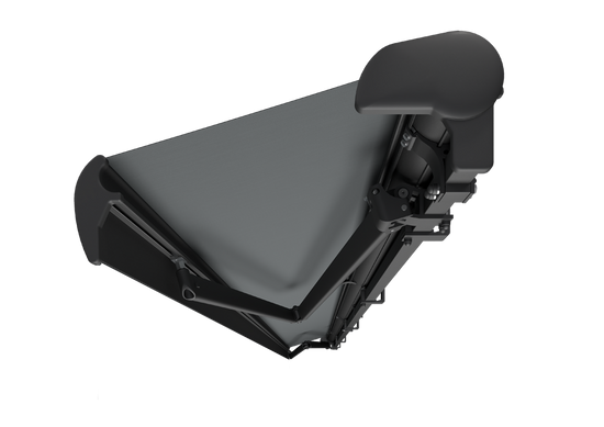 Terrassmarkis med gråmarkisväv samt mörkgrå antracitfärgad konstruktion, armar och kassett. Markismodell Palladio. Premium markis