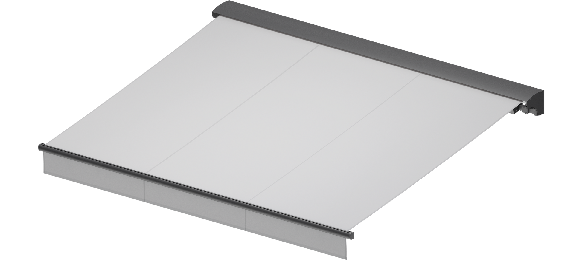 Snygg, svart terrassmarkis med volang och skyddshuv, markisen har svart konstruktion med ljus markisväv. Premium Markis, modell Jamaica. premium-markis.se