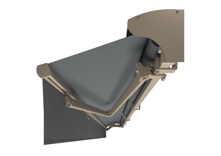 Creme beige RAL1015 färgad terrassmarkis med volang och skyddshuv och ljus markisväv. Premium Markis, modell Jamaica. premium-markis.se