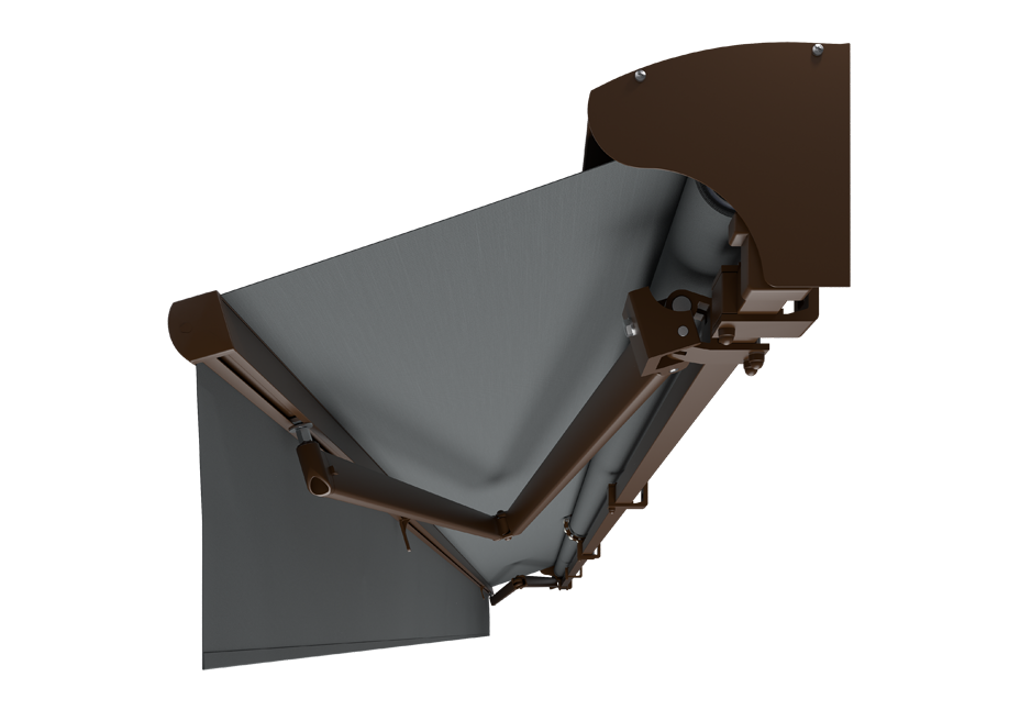 Rostbrun RAL8014 färgad terrassmarkis med volang och skyddshuv och ljus markisväv. Premium Markis, modell Jamaica. premium-markis.se