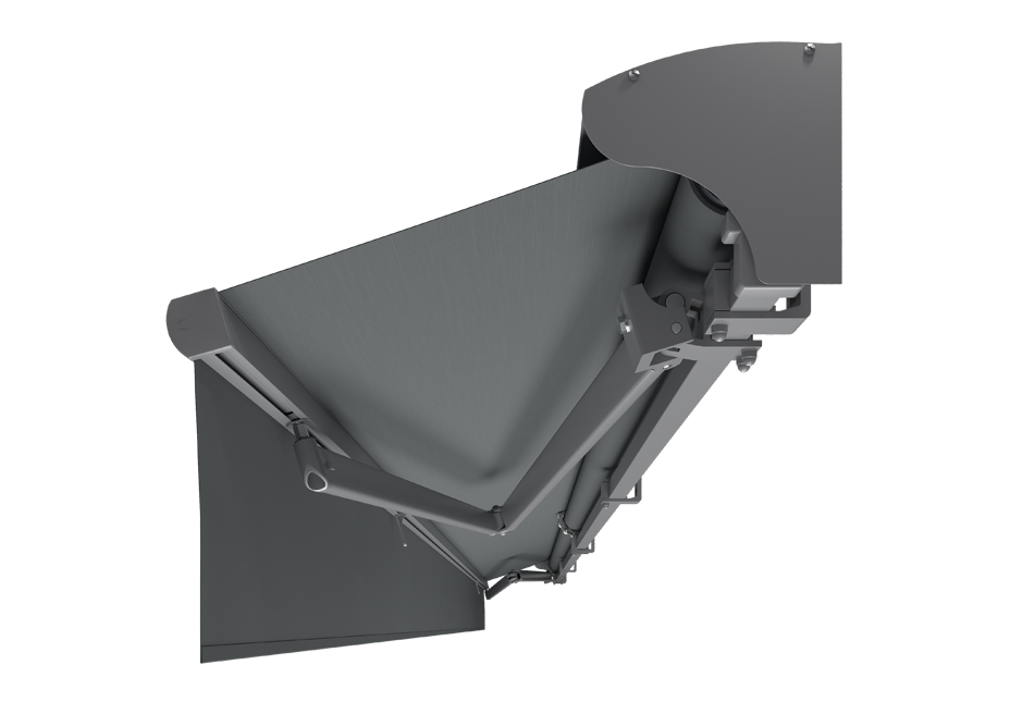 Grå silver RAL9006 färgad terrassmarkis med volang och skyddshuv och ljus markisväv. Premium Markis, modell Jamaica. premium-markis.se