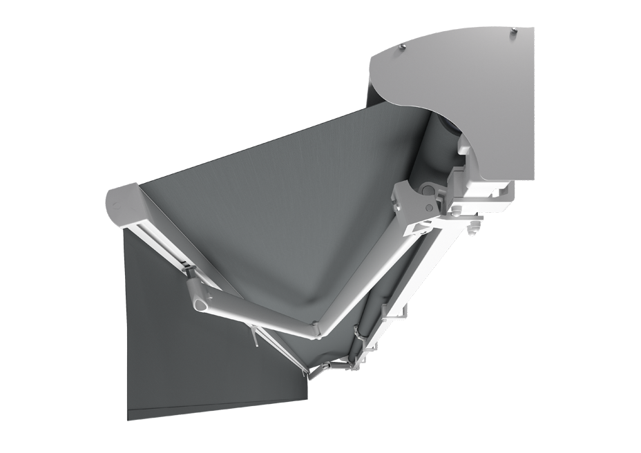 Vit RAL9010 färgad terrassmarkis med volang och skyddshuv och ljus markisväv. Premium Markis, modell Jamaica. premium-markis.se